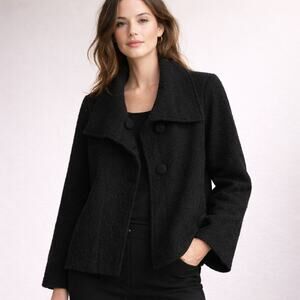 Eileen Fisher Boiled Wool Jacket Women's Large Black Oversized Collar Peacoat